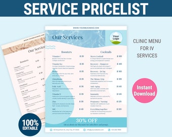 IV hydration pricelist Service menu for IV infusion template IV therapy menu iv hydration flyer iv therapy price list iv drip service flyer