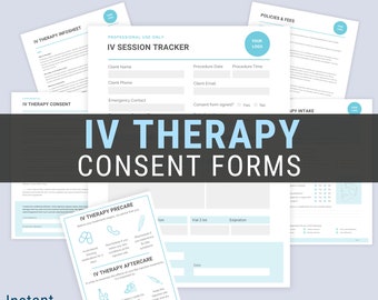 May include: Editable 11-page Canva template for IV Therapy Consent Forms. The template includes forms for intake, pre-care, aftercare, and session tracking. The template is designed for professional use only and includes a space for your logo.