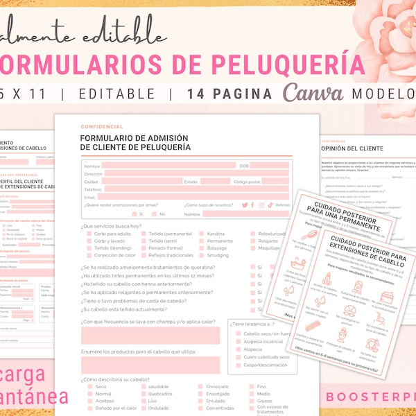 Formularios de Estilista en Español Formularios de Peluqueria español Peluquería Formulario de consentimiento extensión de cabello corrección de color permanente cuidado posterior