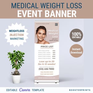 Könnte beinhalten: Ein rosa-weißes Banner wirbt für medizinische Gewichtsabnahme-Dienstleistungen. Das Banner zeigt das Gesicht einer Frau, eine Preisliste für verschiedene Behandlungen und den Text "Medizinischer Gewichtsverlust mit GLP-1 Peptidtherapie". Das Banner enthält auch den Text "Verlieren Sie bis zu 20 Pfund in 12 Wochen!" und eine Telefonnummer für Terminvereinbarungen.