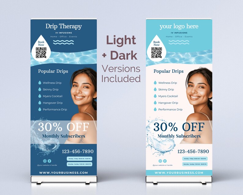 IV Retractable Banner light and dark versions included IV rollup banner IV event Banner iv vitamin therapy marketing iv drip marketing canva iv hydration template iv template