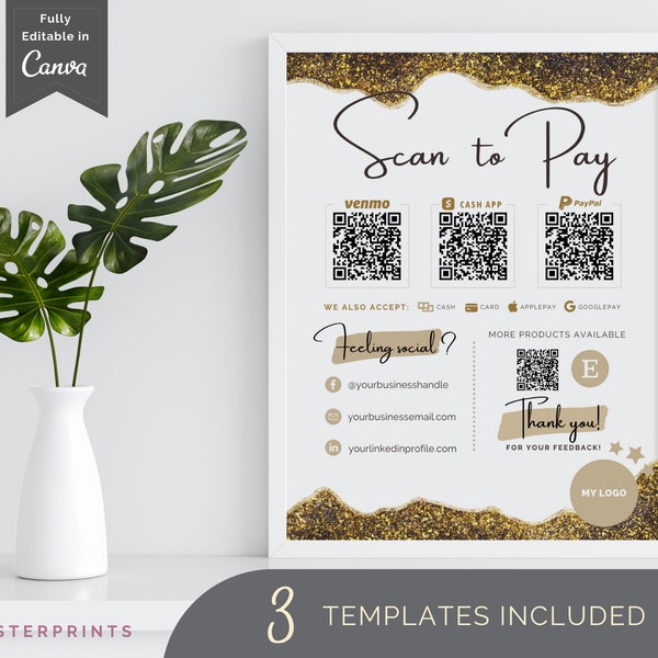 Scan to Pay template black gold editable Premium QR Code Sign Venmo payment sign Cashapp qr Zelle Paypal sign Black Gold scan to pay sign