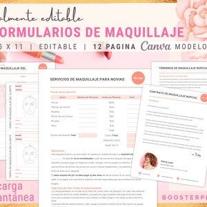 Op de afbeelding: Een roze en witte printbare sjabloon voor make-updiensten. De sjabloon bevat een klantprofiel, een prijslijst voor make-updiensten, algemene voorwaarden voor bruidsmake-up en een bruidsmake-upcontract. De sjabloon is bewerkbaar en kan worden gebruikt in Canva. De tekst op de sjabloon is in het Spaans.