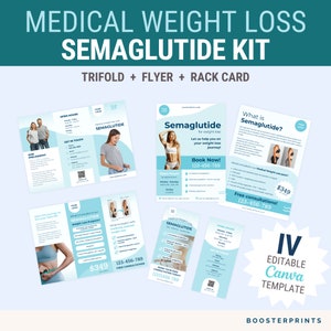 May include: A trifold brochure, flyer, and rack card for a medical weight loss programme using semaglutide. The brochure features a blue and white colour scheme with images of people and text about the programme. The flyer has a similar design and includes the phone number 123-456-789. The rack card is a smaller version of the flyer and includes the price of £349.