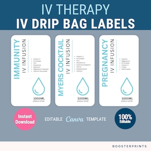 IV bag labels template drip bag label for IV infusion bag label IV label template for hydration clinic iv therapy template iv labels canva