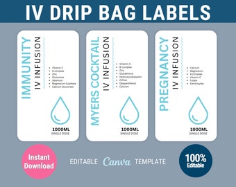 IV bag labels template drip bag label for IV infusion bag label IV label template for hydration clinic iv therapy template iv labels canva