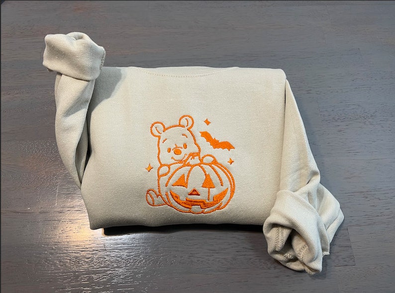 Winnie the Pooh Halloween Embroidered sweatshirt; Winnie the Pooh  Embroidery crewneck: Pumpkin Embroidered crewneck 