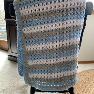 Handmade Crochet Baby Blanket Blue White Gray Stripes