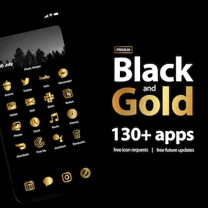 以下が含まれることがあります： 黒と金の電話画面に、アプリのアイコンがグリッド状に並んでいます。アイコンは金色で、背景は黒です。画面の上部には「Black and Gold 130+ apps」というテキストが表示されています。画面の下部には「free icon requests | free future updates」というテキストが表示されています。
