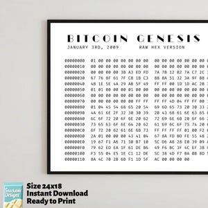 May include: A black and white printable poster with the text "BITCOIN GENESIS" and "JANUARY 3RD, 2009" at the top. The poster contains a list of hexadecimal numbers with the text "RAW HEX VERSION" below the title.