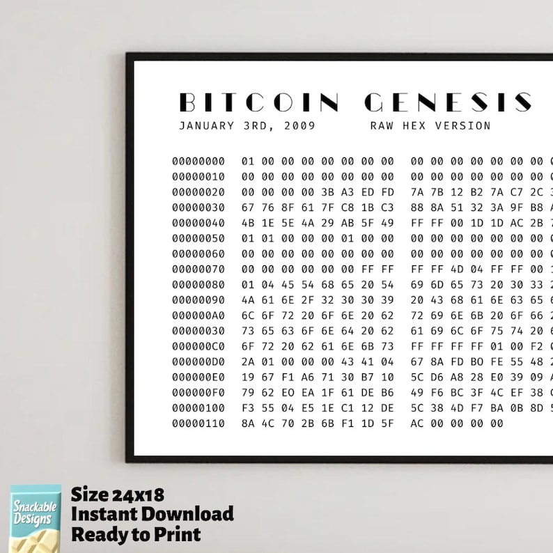 Bitcoin Genesis Block Hex Code Art: Crypto Enthusiast Gift (digital ...