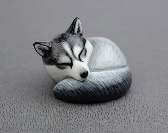 Sleeping husky - handmade animal figurine