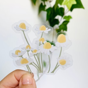 Pegatina de flores de manzanilla // Vinilo brillante, transparente, resistente al agua, ideal para regalo de cumpleaños, recuerdo de fiesta, bolsa de sorpresas, tarjeta de regalo, venta al por mayor