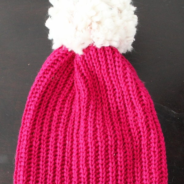 Magenta Ribbed Slouchy Beanie with White Pom  w/Pink Flecks. Handmade Unisex Magenta Pink Winter Hat. Pantone color of the year.