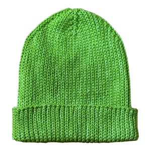May include: A bright green knitted beanie hat. The hat is made of a soft, textured yarn and has a simple, classic design.