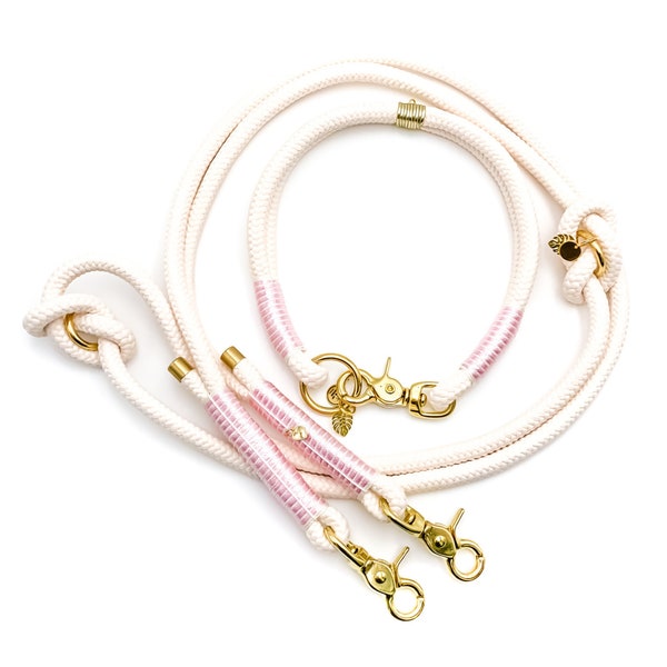 Hondenriem en halsbandset van touw in wit, roze, goud, handgemaakt met paracord en satijnen decoratie, 3-voudig verstelbaar