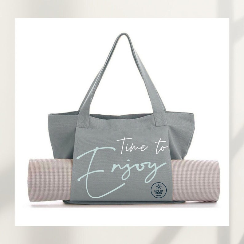 Yogamattentasche, Baumwolltasche in der Farbe Grau, Türkis, Weiß, Tasche für Yoga, personalisierbare Yogatasche für Yogamatte, Tasche in verschiedenen Farben mit Aufschrift, Time to Enjoy