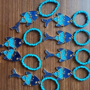 4 Blue Beaded with Fish Napkin Ring, Coastal Serviette Ring, Coastal table decor, Metal Napkin Ring, Marine Thema Table