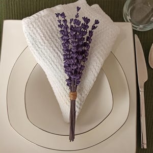 Può includere: Una tavola apparecchiata con un piatto bianco, un tovagliolo bianco piegato e un mazzetto di lavanda viola. Le posate includono una forchetta, un coltello e un cucchiaio. L'allestimento è su un sottopiatto verde.