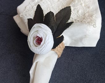 Servilletero floral blanco, decoración rústica para mesa de boda, servilletero de peonía, detalle de mesa blanco, servilletero de flor blanca, decoración rústica para cocina.