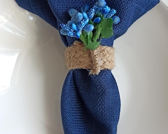 Blue Floral Napkin Ring,Jute Napkin Holder,Boho Wedding Setting, Farmhouse Style Dining, Handmade Table Accent, Burlap Flower Serviette Ring