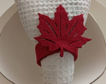 Servilletero de fieltro con 4 hojas rojas, servilletero con hojas, decoración de mesa navideña, servilletero de otoño, cena navideña, decoración de mesa