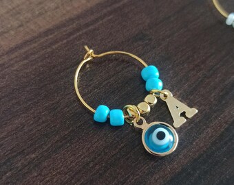 Amuleto para copa de vino con ojo turco, etiqueta personalizada para bebidas con iniciales, decoración de mesa turquesa, regalo para amantes del vino, recuerdo de boda griego, decoración azul para el hogar, regalo de protección