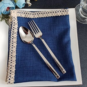 4 Cloth Napkins With Lace,Wedding Napkins,Table Decorations,Cloth Napkins,Dinner Napkin, Navy Party Supplies, Blue Napkin, Table Centerpiece