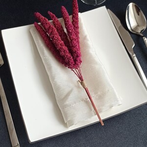 Può includere: Un'apparecchiatura formale con un piatto quadrato bianco, un tovagliolo bianco piegato e un mazzo di fiori decorativi bordeaux. Sono presenti anche posate e un calice, su una tovaglia blu scuro.