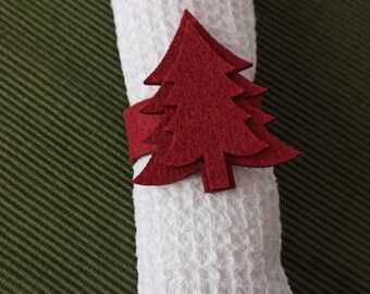 4 servilleteros de árbol de Navidad de fieltro rojo, servilletero de pino, decoración de mesa navideña, cena navideña.