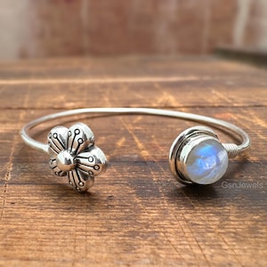 Rainbow Moonstone Bangle: Handmade 925 Sterling Silver Boho Bracelet