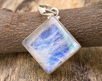 Moonstone Square Pendant: 925 Sterling Silver Necklace, Rainbow Blue Fire Gemstone