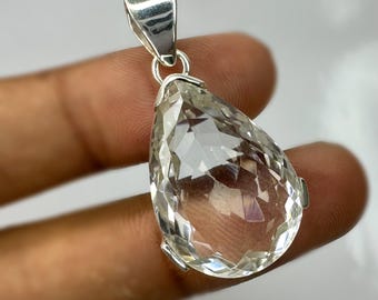 Faceted Crystal Quartz Pendant: 925 Sterling Silver, Pear Shape Handmade Pendant
