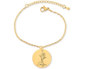 Geburtsblumenarmband, Armband mit Name & Geburtsblume, personalisiertes Armband, Armband mit gravierten Plättchen in silber, gold oder roségold.