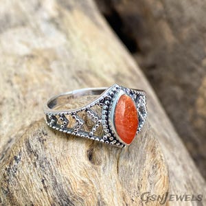 Marquise Sunstone Ring: 925 Sterling Silver Gothic Sandstone Jewelry
