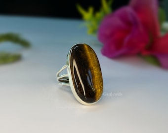 Natural Tiger Eye Ring, 925 Sterling Silver Handmade Ring, Large Gemstone Ring, Minimalist Ring, boho ring, gift for her