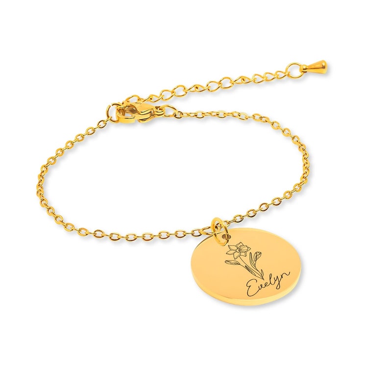 Birth flower bracelet, bracelet with Name & birthflower, personalized bracelet, bracelet with engraved plates in silver, gold or rose gold. image 2