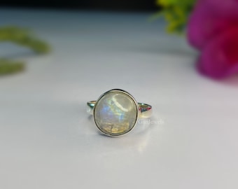 Bague pierre de lune arc-en-ciel : bague bohème faite main en argent sterling 925