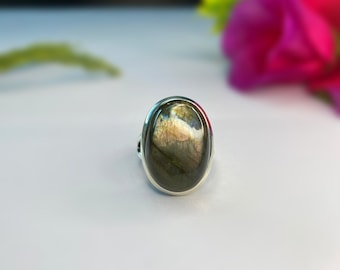 Natural Labradorite Sterling Silver Ring - Big Blue Stone