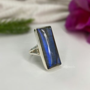 Natural Labradorite Ring, 925 Sterling Silver Ring, Large Big Blue Stone Ring, women Ring, Mother Day Gift