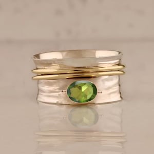 Peridot Spinner Ring, Two Tone 925 Sterling Silver Ring, Birthstone Gold Thumb Band Ring, Anxiety Ring Fidget, Thumb Ring Gift Ideas