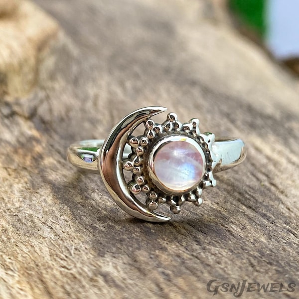 Moon Ring • Moonstone Sun+Moon Designe • 925 Sterling Silver • Handmade, Minimalist