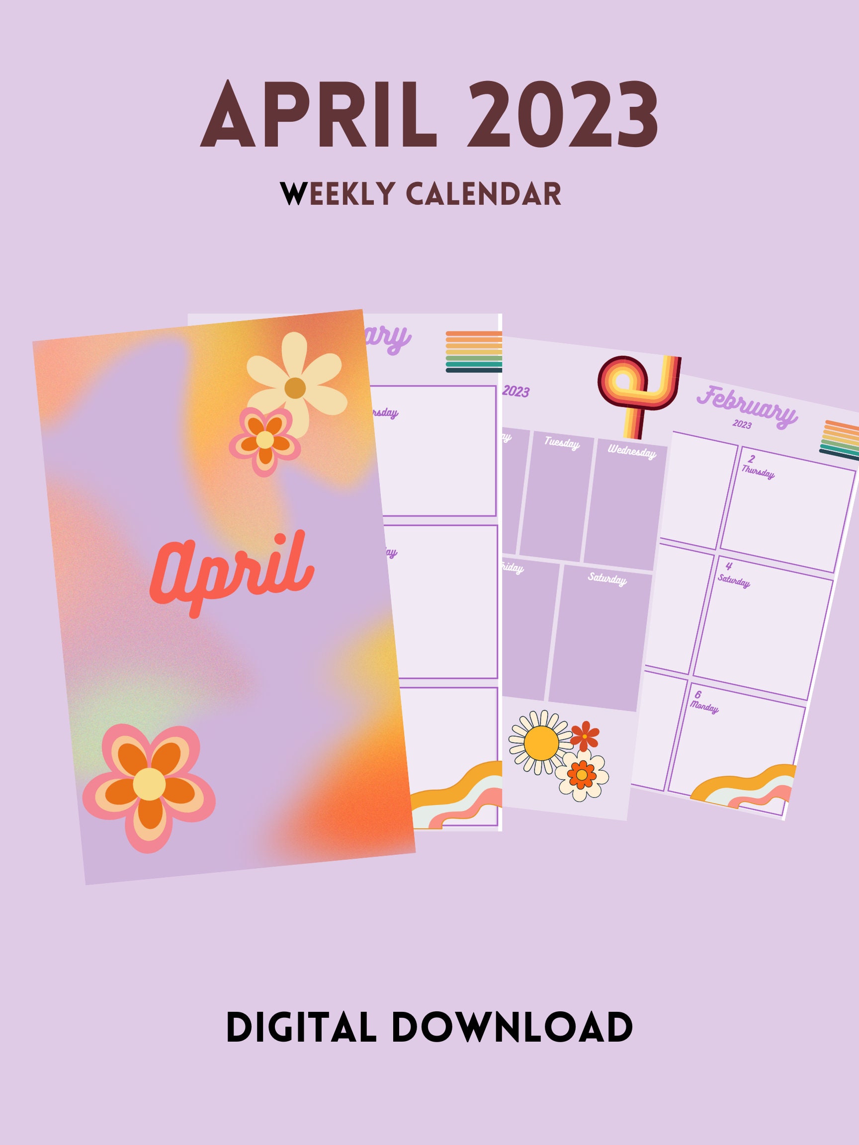 Weekly Calendar Retro Purple April 2023 Digital Download - Etsy