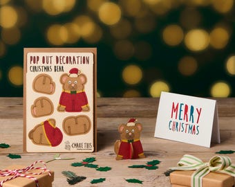 3D Christmas Bear Pop Out Card: Laser Cut Bear Xmas Decoration