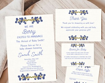 Editable Blueberry Theme Baby Shower Invitation FULL SET, We Are Berry Excited Invite Template Diaper Raffle, Book Raffle, Thank You