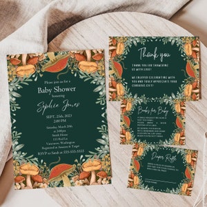 May include: A green invitation with a mushroom and floral border. The invitation is for a baby shower honoring Sophie Jones. The event is scheduled for September 25th, 2023 at 2:00 PM. The address is 111 Red Ln, Vancouver, Washington. The RSVP information is to Sarah at 555-555-5555.