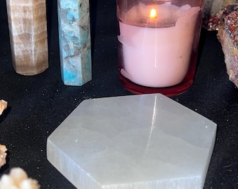 Hexagon Selenite Charging Plate — 4” x 4”, 8 oz | Crystal Cleansing & Energy Charging Slab