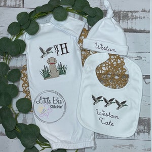 Personalized Embroidered Baby Boy Gown and Bib set, Newborn Infant Gown Set, Baby Shower Gift