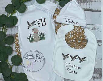 Personalized Embroidered Baby Boy Gown and Bib set, Newborn Infant Gown Set, Baby Shower Gift
