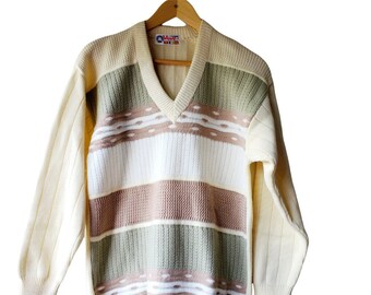 Mens Vinit Retro Minimal V Neck Abstract Knit Cream pullover Sweaters. Size Medium